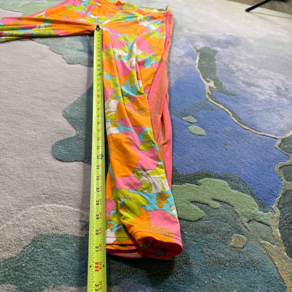Trina Turk Floral Wide Leg Lounge Pants Orange Pink Greek Key Stripe XL - Picture 8 of 9